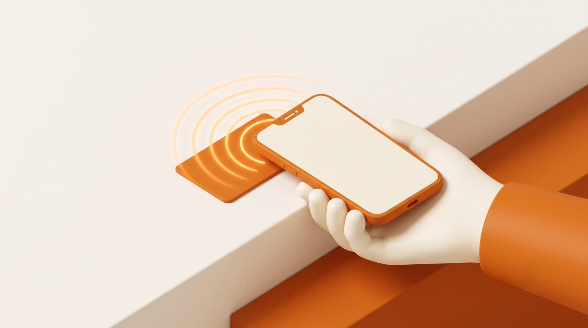 NFC kartına dokunarak bilgi paylaşan bir telefon ve turuncu sinyal dalgaları